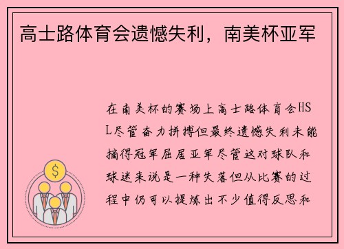 高士路体育会遗憾失利，南美杯亚军