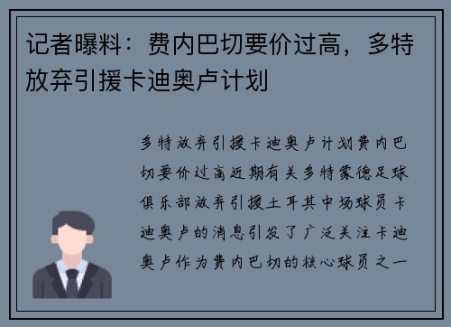 记者曝料：费内巴切要价过高，多特放弃引援卡迪奥卢计划